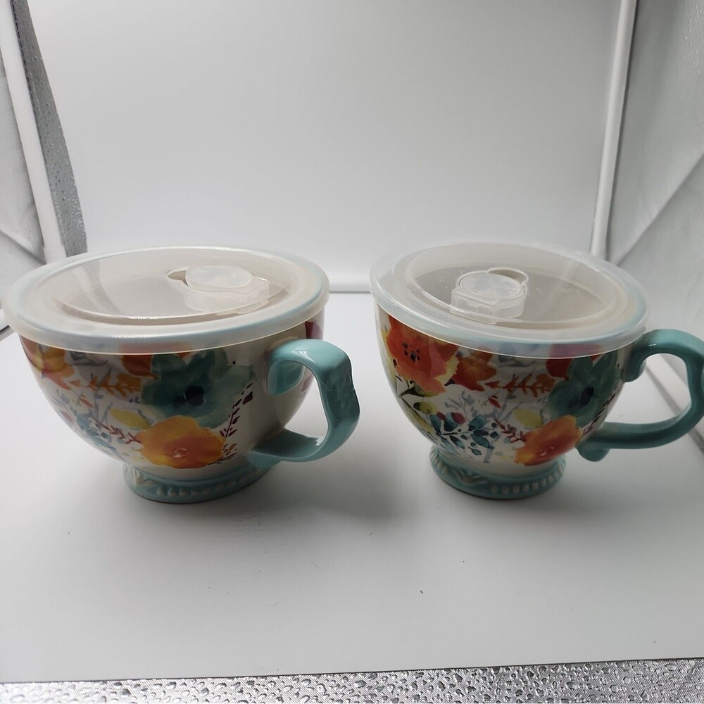 2 Pioneer Woman Ceramic Willow 27oz Large Jumbo Coffee Tea Cup Mug Soup Bowl Lid